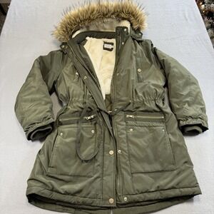 Time and Tru Olive Green Sherpa Lined Parka Coat Faux Fur Hood L (Repair)